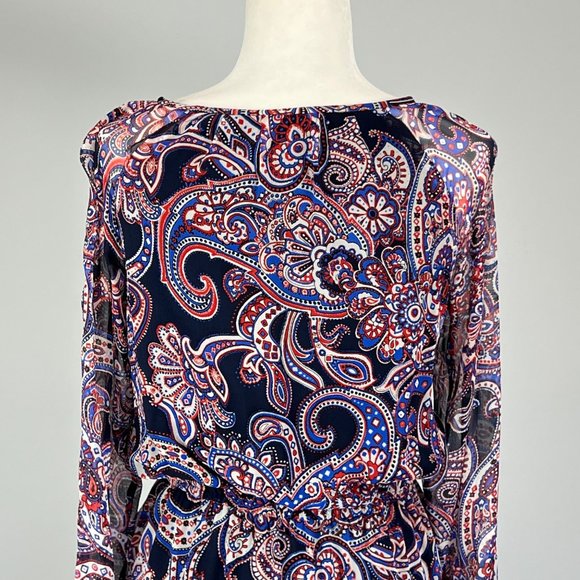 Shoshanna Silk Paisley Long Sleeve Ruffled Dress Red Blue Black size 4 - Picture 8 of 12